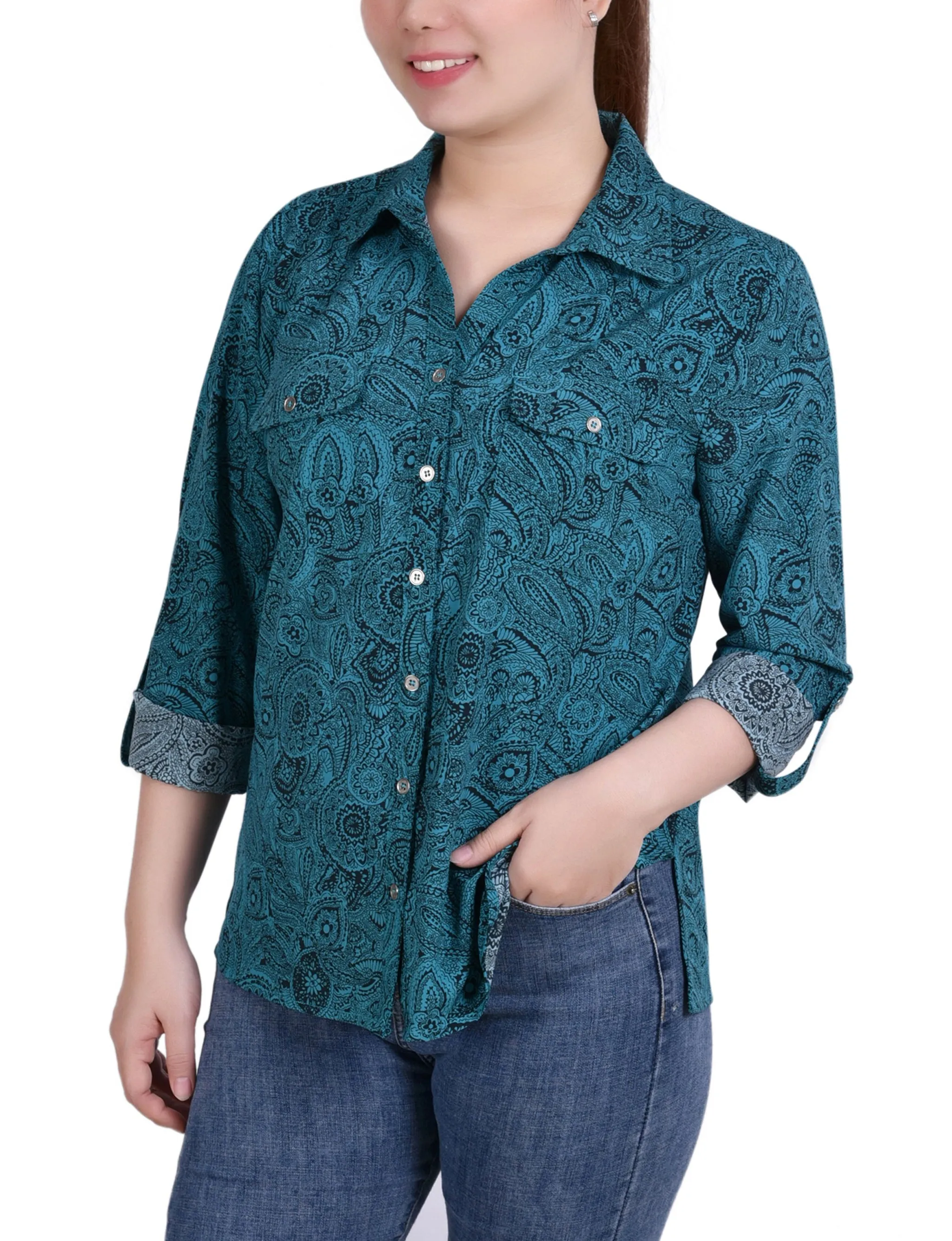 Blouse à encolure roulée 3/4 avec poches