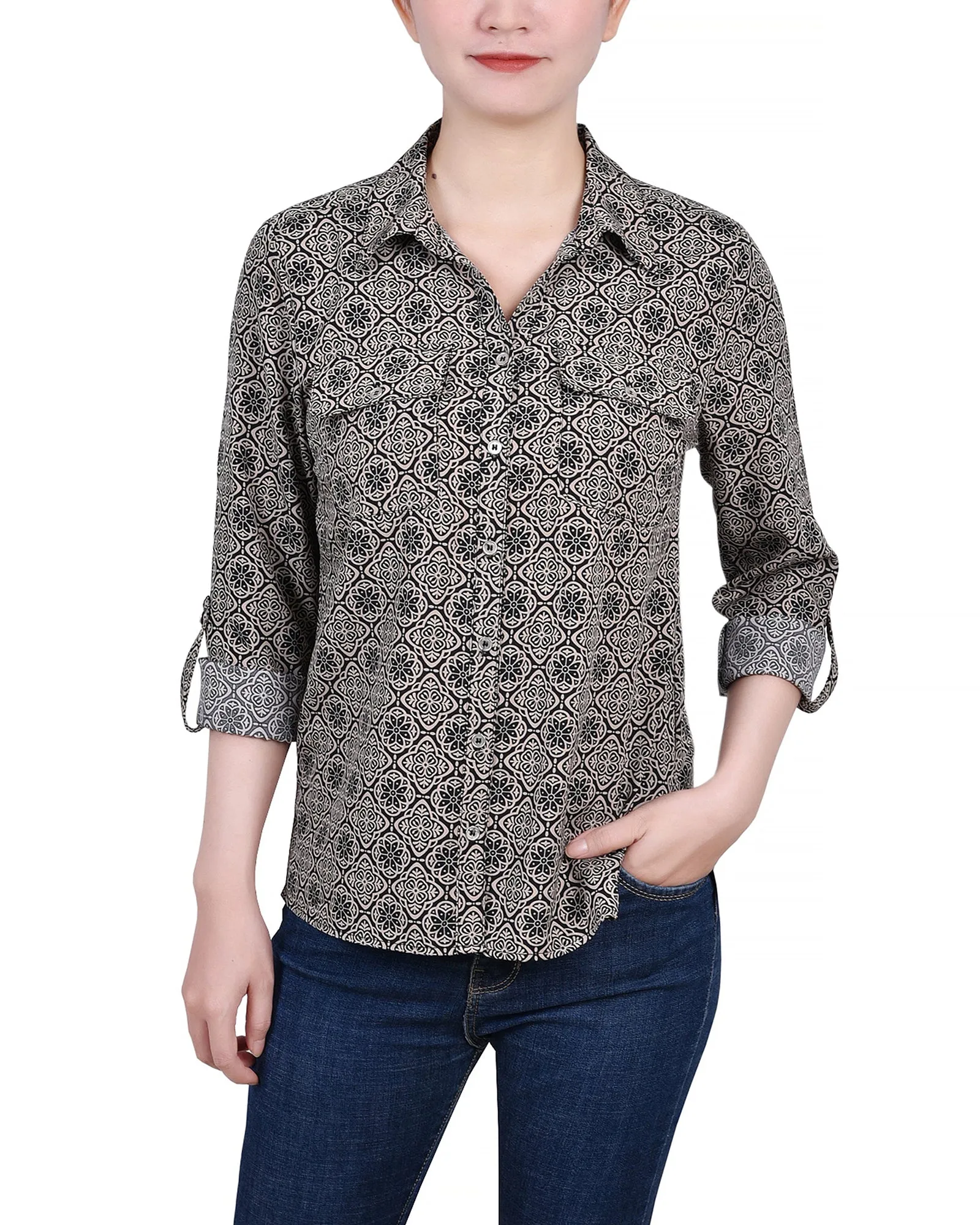 Blouse à encolure roulée 3/4 avec poches