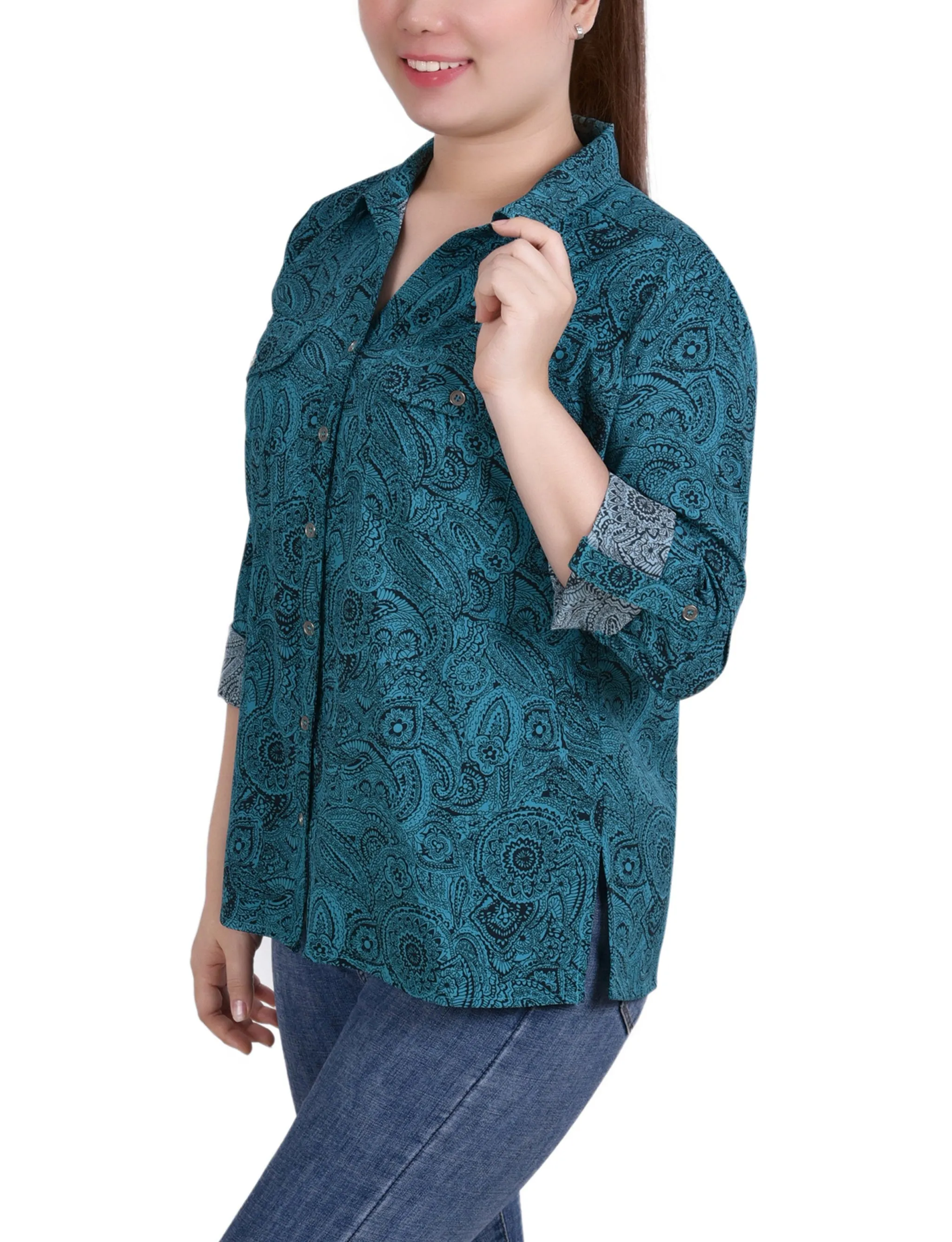 Blouse à encolure roulée 3/4 avec poches