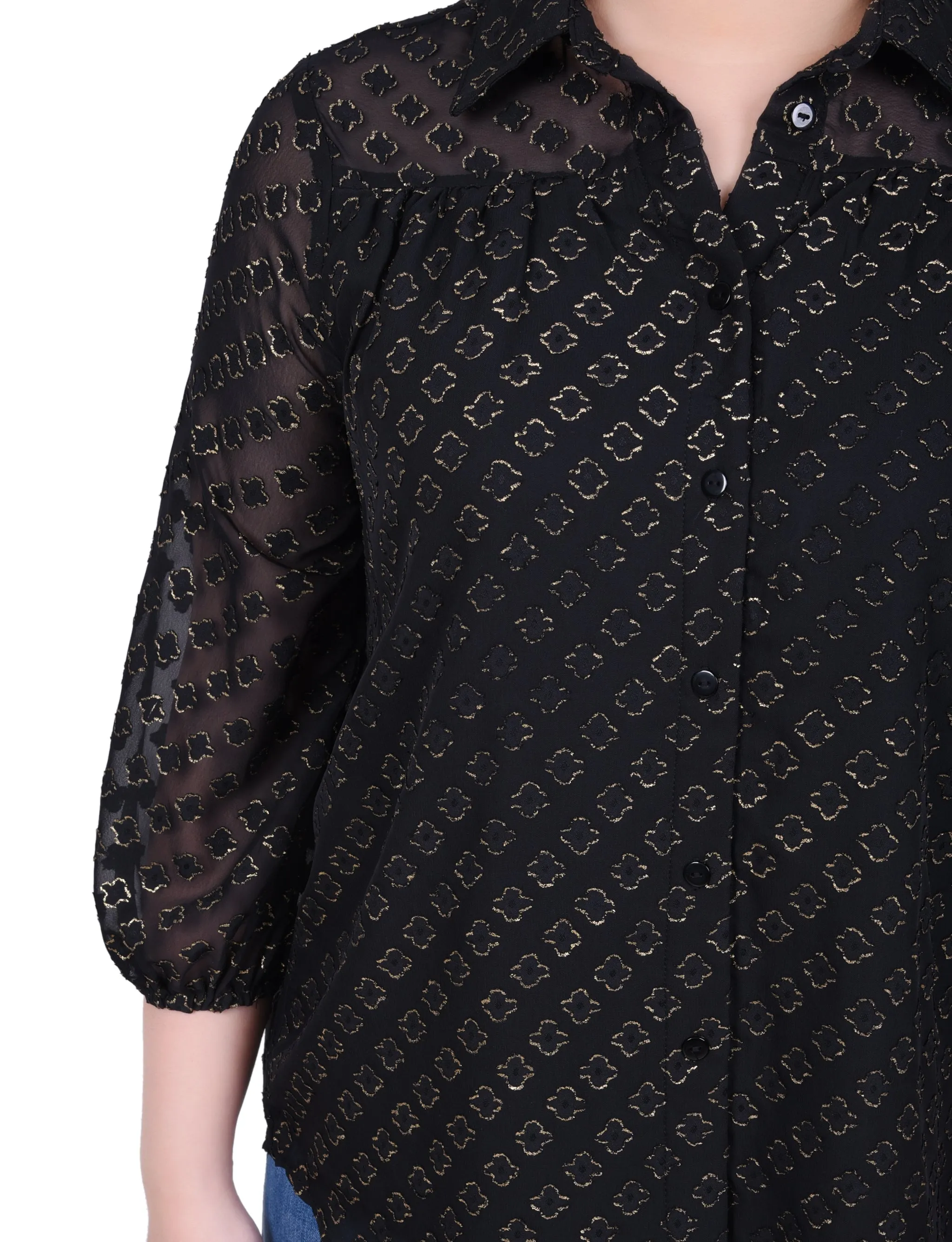 Blouse en mousseline de soie jacquard métallisée à manches 3/4