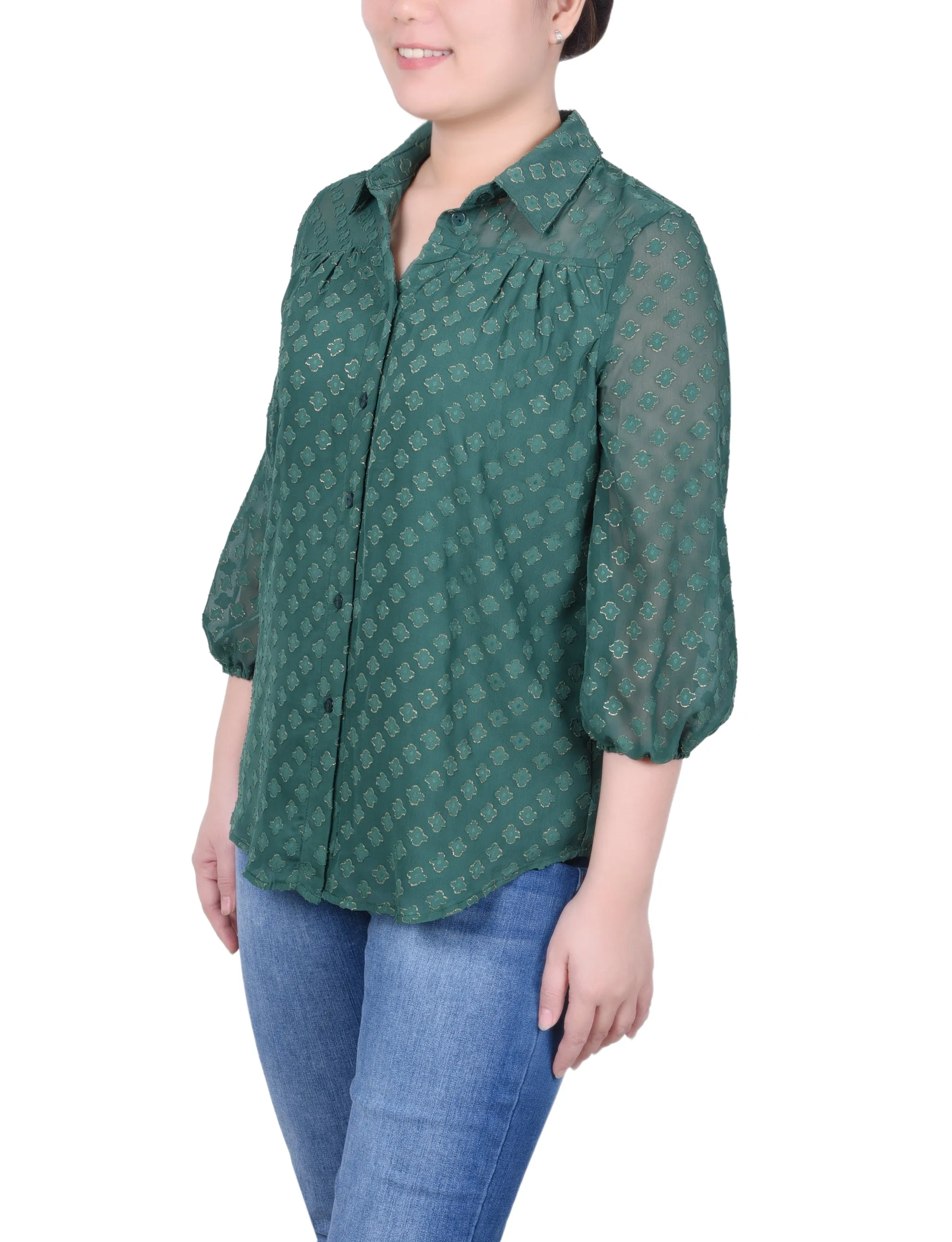 Blouse en mousseline de soie jacquard métallisée à manches 3/4