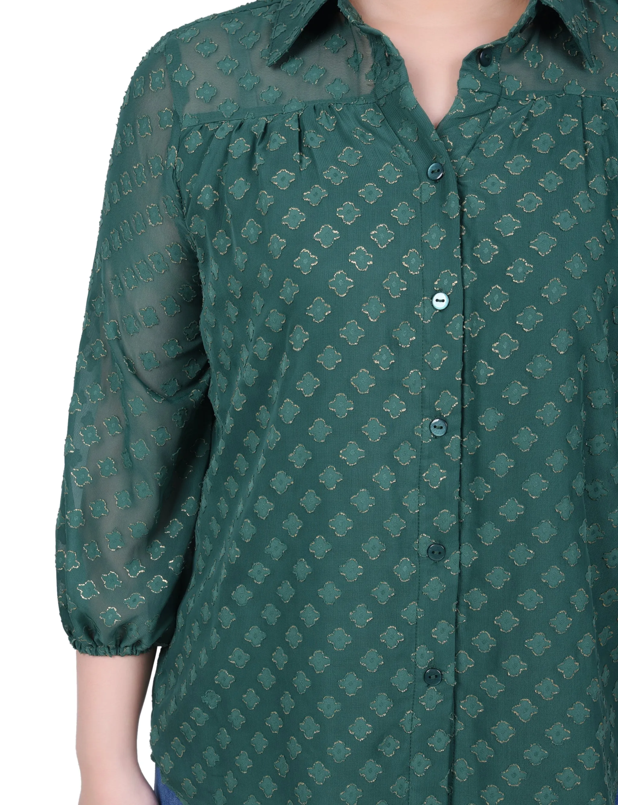 Blouse en mousseline de soie jacquard métallisée à manches 3/4