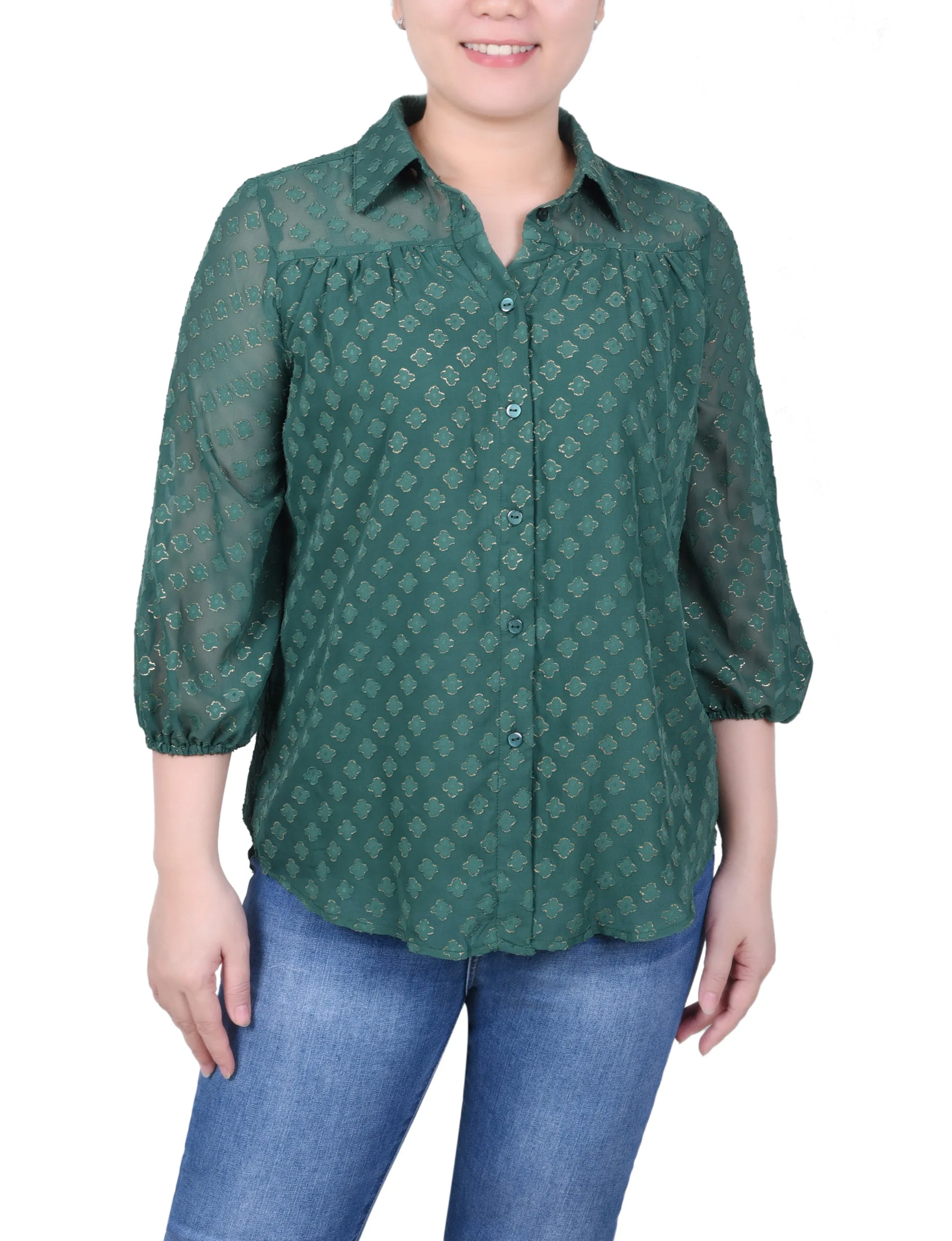 Blouse en mousseline de soie jacquard métallisée à manches 3/4