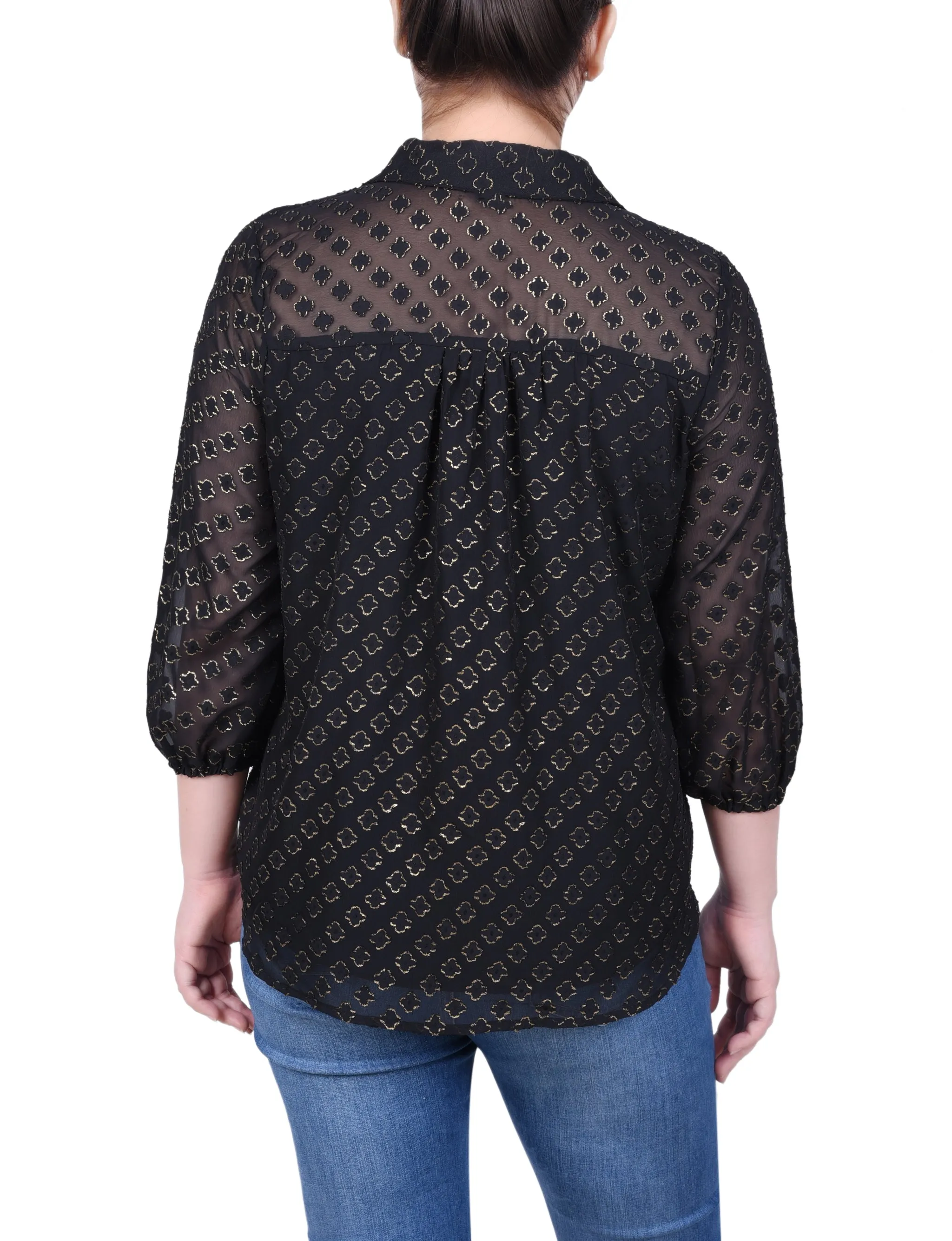 Blouse en mousseline de soie jacquard métallisée à manches 3/4