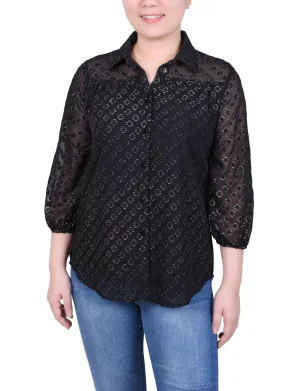 3/4 Sleeve Foiled Jacquard Chiffon Blouse