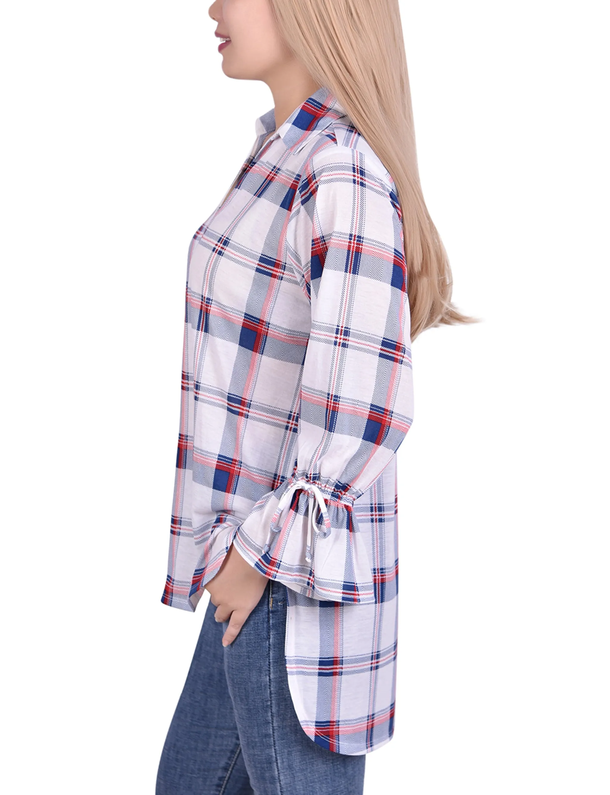 Blouse en jersey à carreaux avec manches 3/4 et ourlet asymétrique