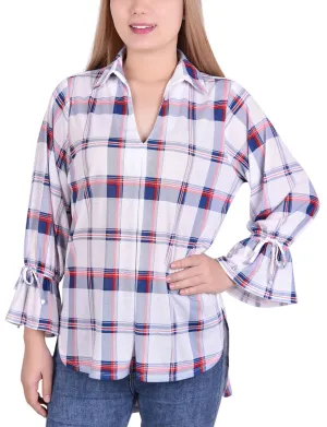 3/4 Sleeve Plaid Jersey Hi Low Hem Blouse