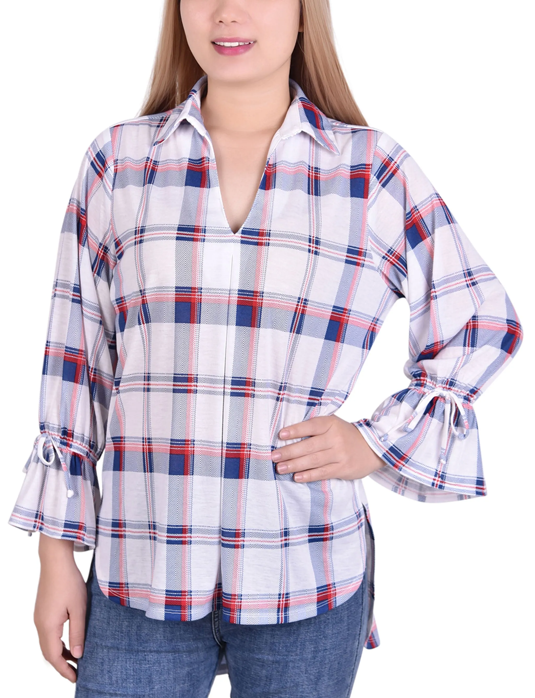 Blouse en jersey à carreaux avec manches 3/4 et ourlet asymétrique