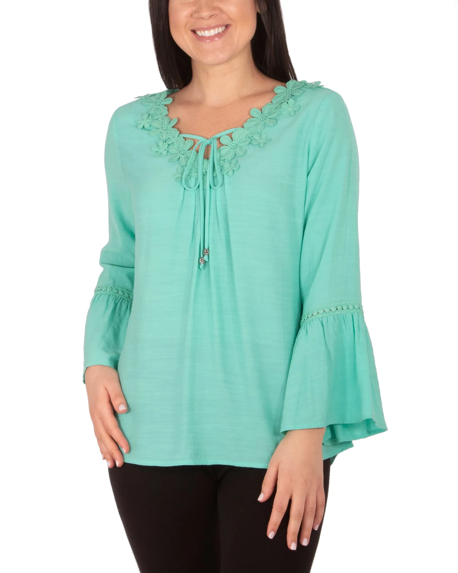 Blouse à encolure en V avec manches 3/4, garniture en crochet et lien