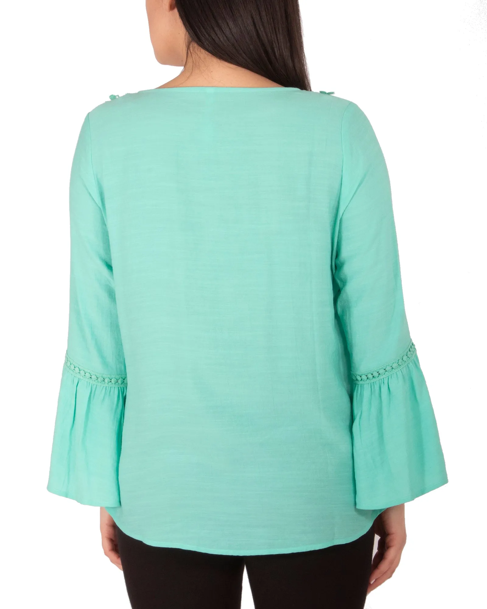 Blouse à encolure en V avec manches 3/4, garniture en crochet et lien