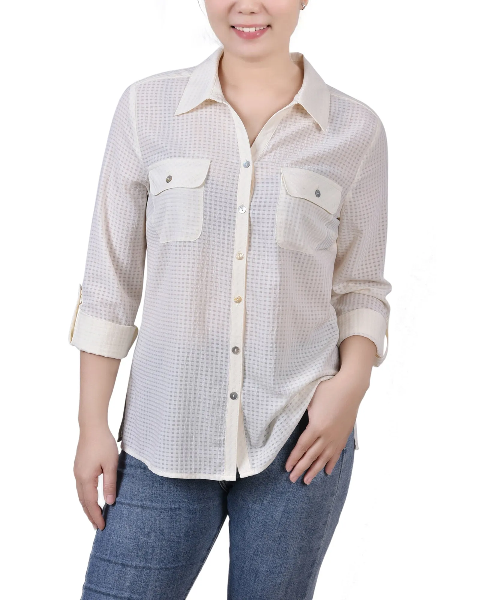 Blouse à manches 3/4 en motif windowpane