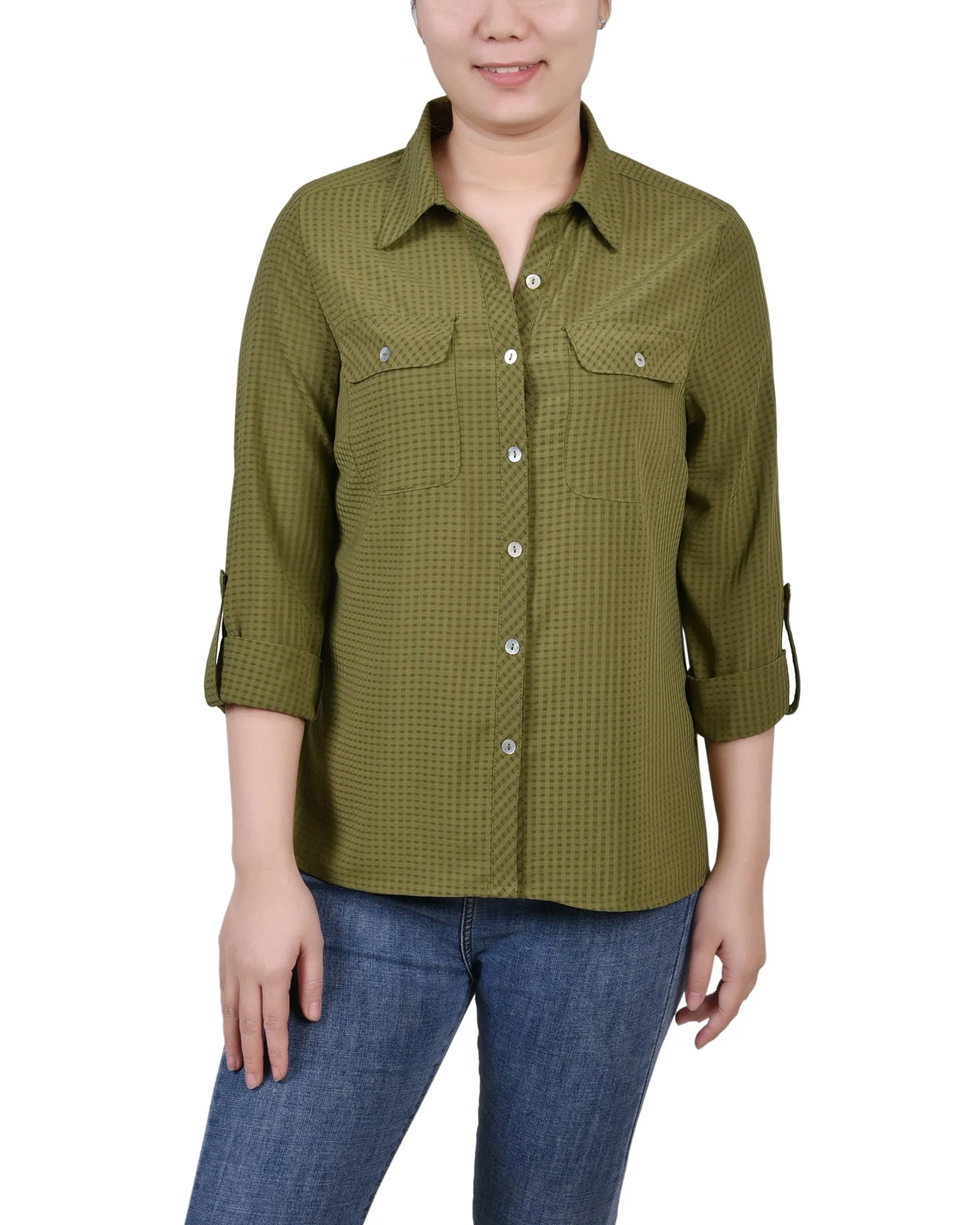 Blouse à manches 3/4 en motif windowpane