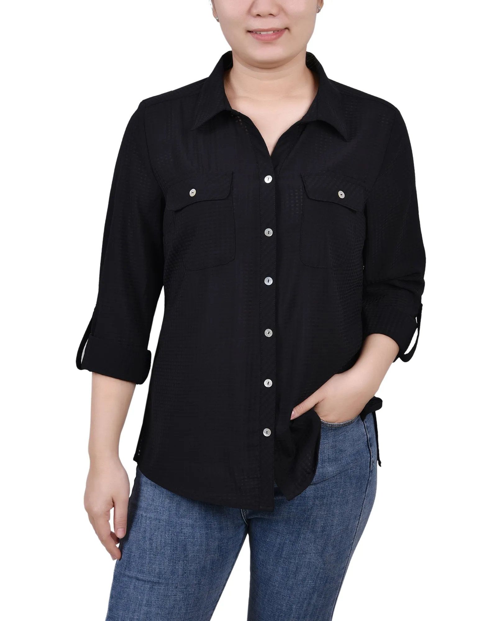Blouse à manches 3/4 en motif windowpane