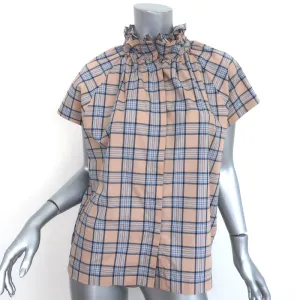 A Shirt Thing Stella Ruffle Neck Blouse Beige Plaid Size Medium Short Sleeve Top