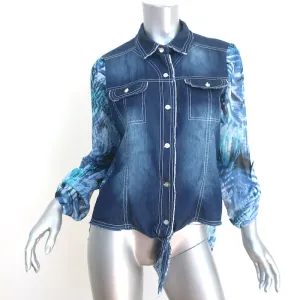 Alberto Makali Button Down Shirt Blue Denim & Printed Crepe Size Medium