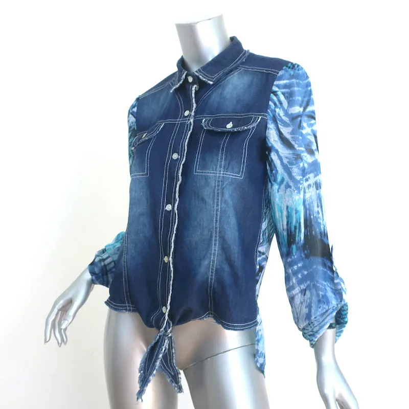 Alberto Makali Chemise à Boutonnage Denim Bleu & Crêpe Imprimé Taille Moyenne