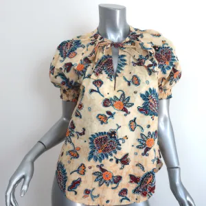 A.L.C. Puff Sleeve Top Ellis Yellow Floral Print Cotton Size 2 Tie-Neck Blouse