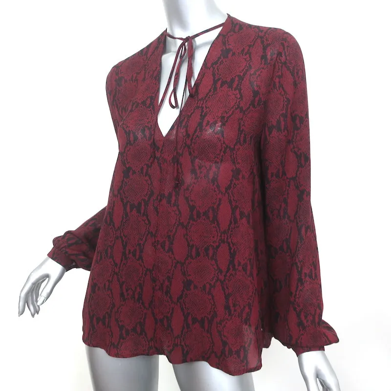 A.L.C. Blouse à col noué imprimé peau de serpent rouge en soie taille 6 haut à manches longues