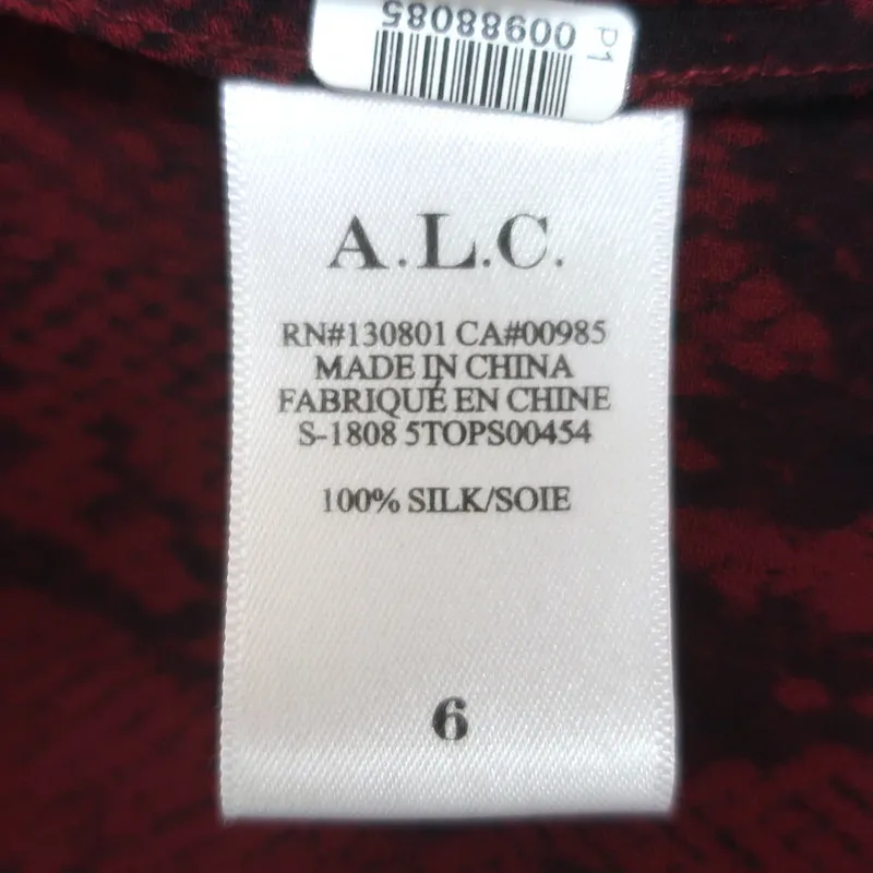 A.L.C. Blouse à col noué imprimé peau de serpent rouge en soie taille 6 haut à manches longues
