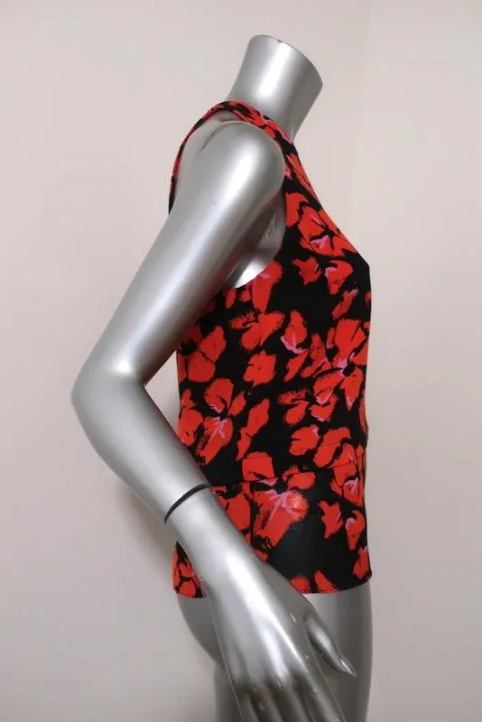 A.L.C. Haut Noir/Rouge Imprimé Floral en Soie Taille 4 Débardeur Sans Manches avec Fermeture Éclair dans le Dos