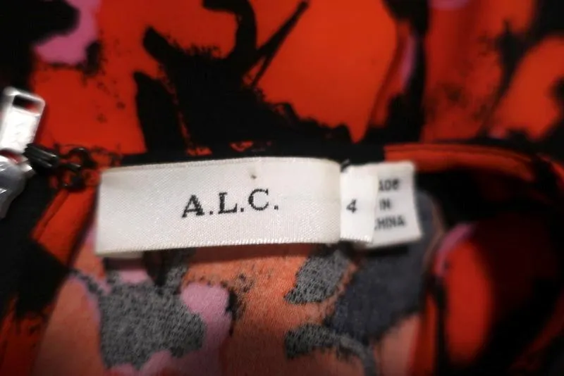 A.L.C. Haut Noir/Rouge Imprimé Floral en Soie Taille 4 Débardeur Sans Manches avec Fermeture Éclair dans le Dos