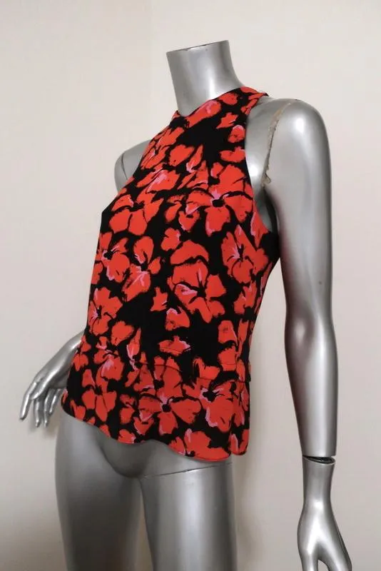 A.L.C. Haut Noir/Rouge Imprimé Floral en Soie Taille 4 Débardeur Sans Manches avec Fermeture Éclair dans le Dos