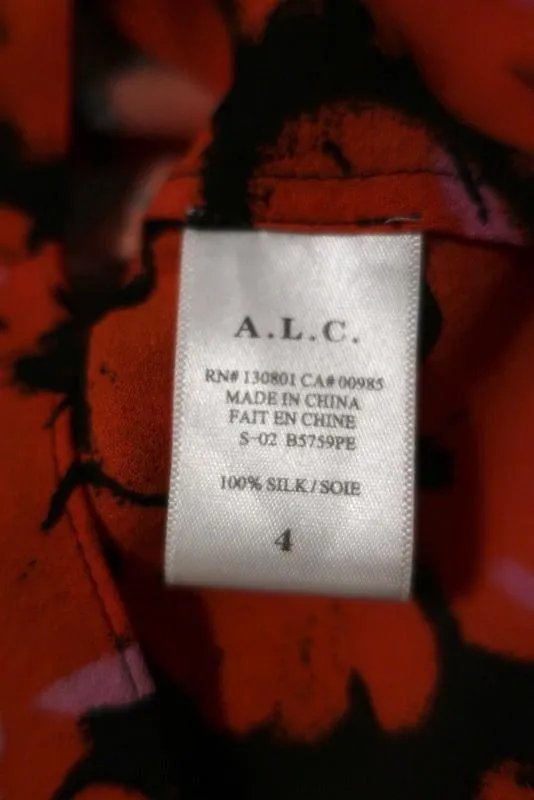 A.L.C. Haut Noir/Rouge Imprimé Floral en Soie Taille 4 Débardeur Sans Manches avec Fermeture Éclair dans le Dos