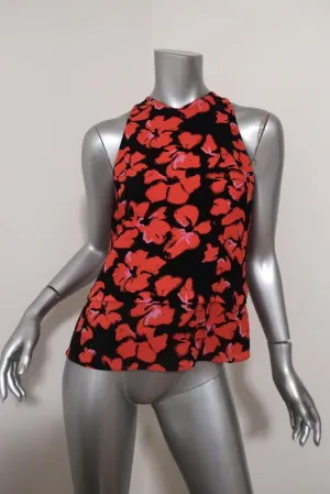 A.L.C. Top Black/Red Floral Print Silk Size 4 Sleeveless Zip-Back Tank