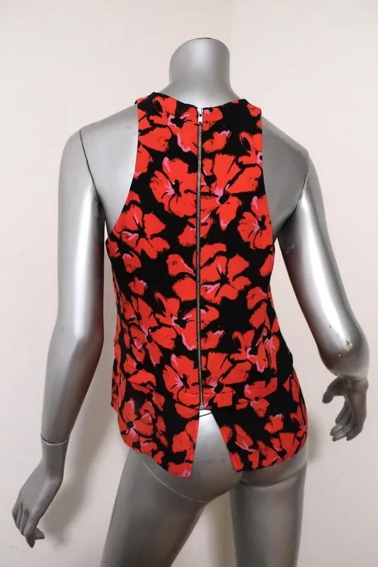 A.L.C. Haut Noir/Rouge Imprimé Floral en Soie Taille 4 Débardeur Sans Manches avec Fermeture Éclair dans le Dos