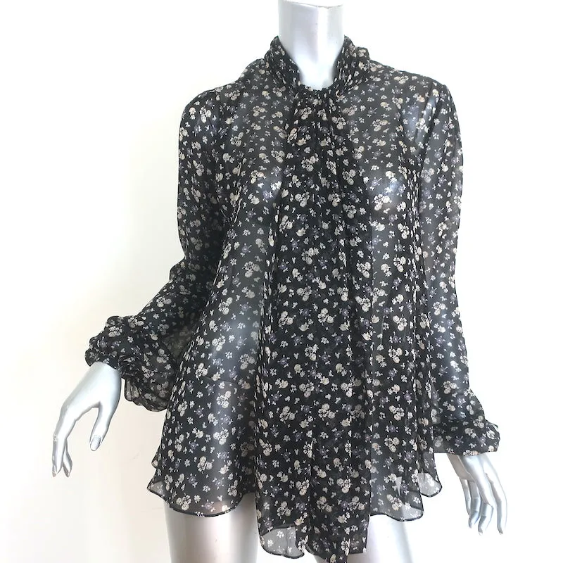 Alexander McQueen Blouse à Devant Drapé Imprimé Fleuri Noir en Mousseline de Soie Taille 38
