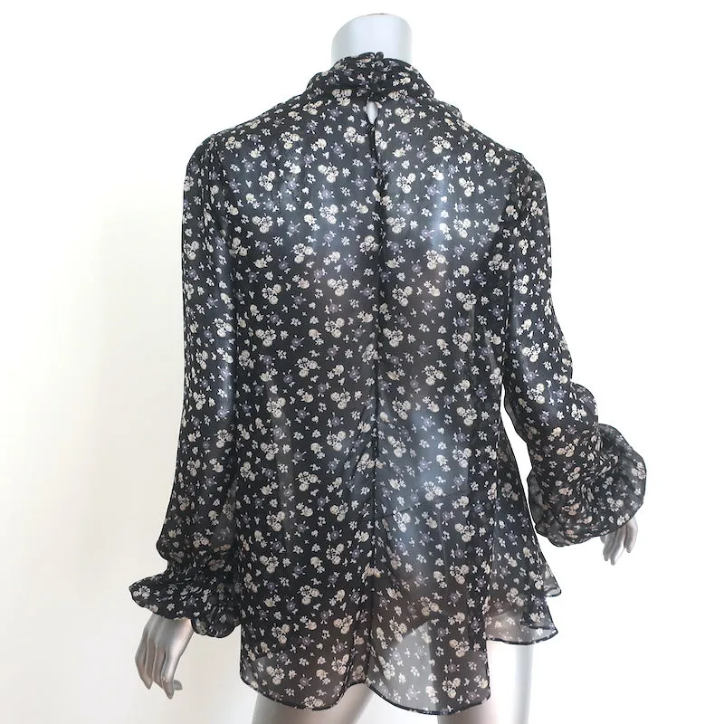 Alexander McQueen Blouse à Devant Drapé Imprimé Fleuri Noir en Mousseline de Soie Taille 38