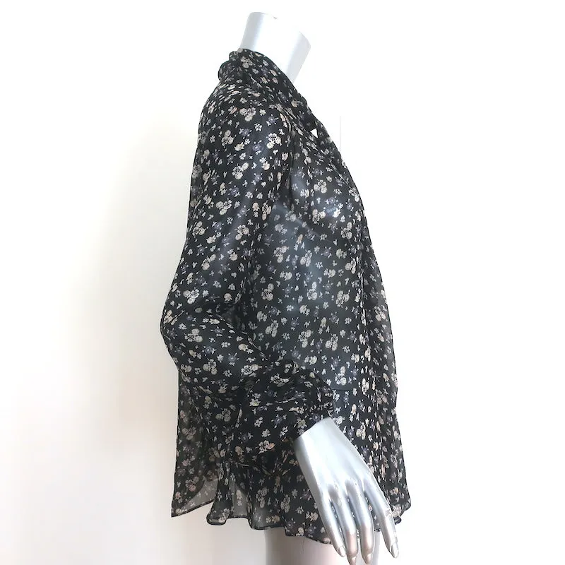 Alexander McQueen Blouse à Devant Drapé Imprimé Fleuri Noir en Mousseline de Soie Taille 38
