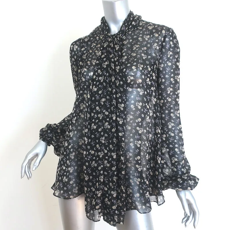 Alexander McQueen Blouse à Devant Drapé Imprimé Fleuri Noir en Mousseline de Soie Taille 38