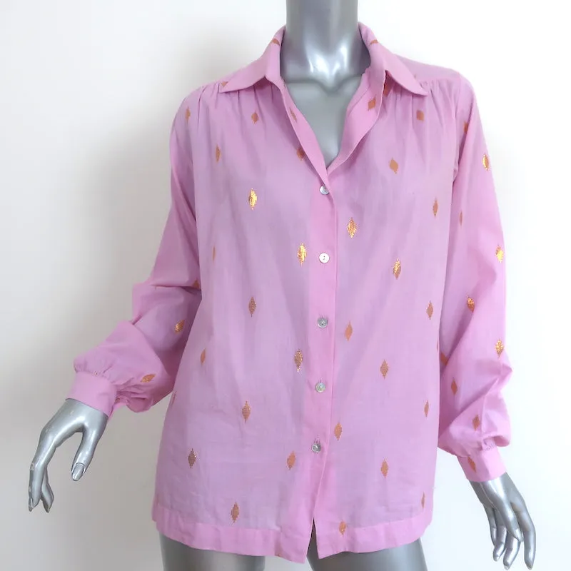 Chemise à boutons Alix de Bohême en ikat rose et or, taille petit, manches longues
