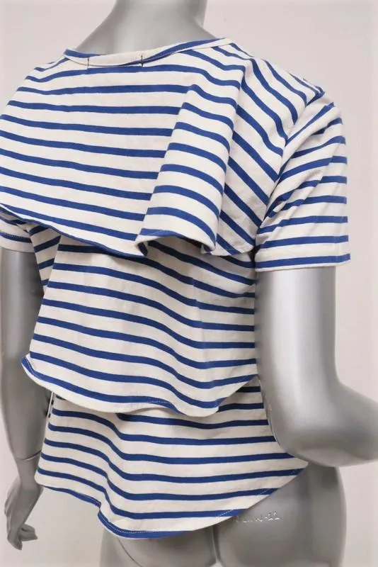 T-shirt AMO à volants rayé bleu/crème en coton taille moyenne manches courtes