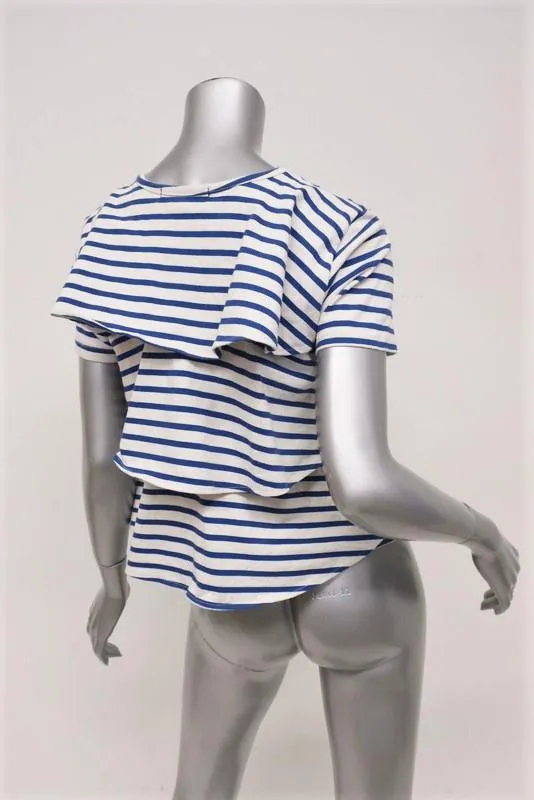 T-shirt AMO à volants rayé bleu/crème en coton taille moyenne manches courtes