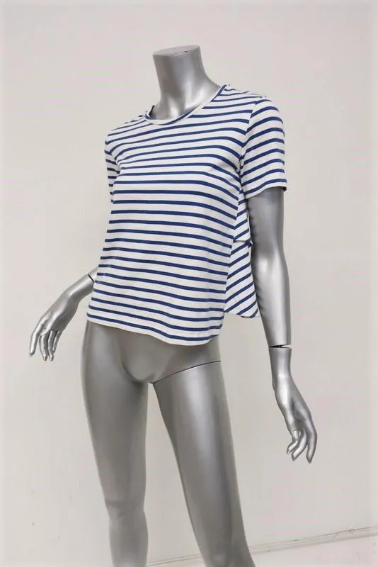 T-shirt AMO à volants rayé bleu/crème en coton taille moyenne manches courtes