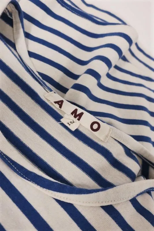 T-shirt AMO à volants rayé bleu/crème en coton taille moyenne manches courtes