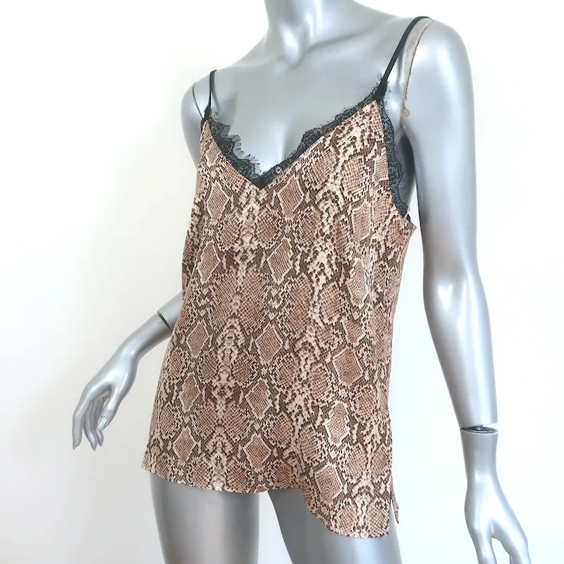 Anine Bing Débardeur en Charmeuse de Soie à Motif Python Beige avec Bordure en Dentelle Taille S NEUF