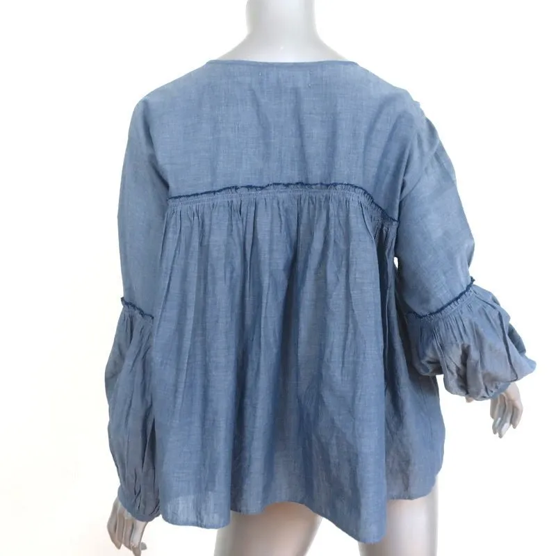 Apiece Apart Haut à Manches Longues en Chambray Coton Taille 6 Blouse à Col en V