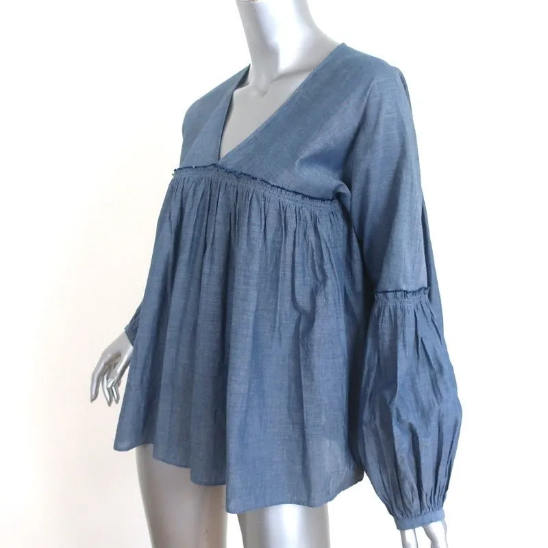 Apiece Apart Haut à Manches Longues en Chambray Coton Taille 6 Blouse à Col en V