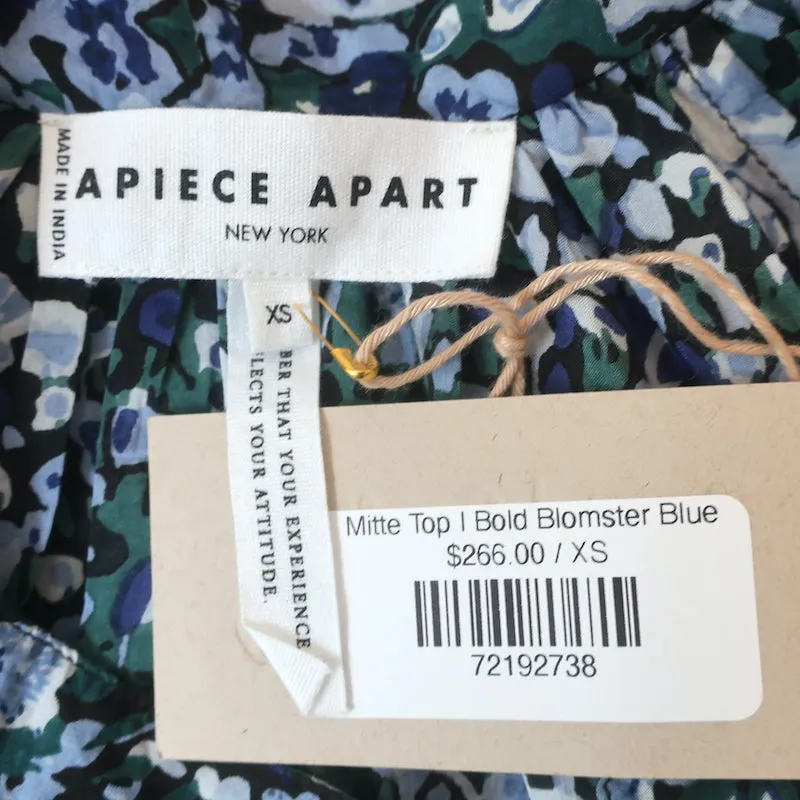 Apiece Apart Haut Mitte Imprimé Fleuri Bleu Taille Très Petite Blouse à Manches 3/4 NEUVE