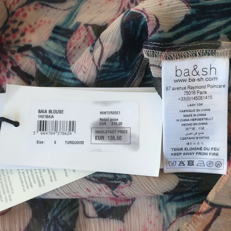 Ba&sh Blouse Baia Imprimé floral turquoise/rose en mousseline Taille 0 Haut à manches longues NEUF