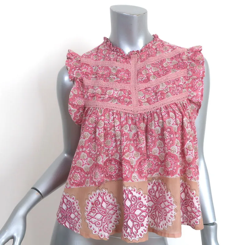 Haut à volants cloche en coton imprimé rose Taille Petite Blouse sans manches