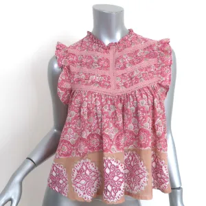 Bell Ruffle Top Pink Printed Cotton Size Small Sleeveless Blouse