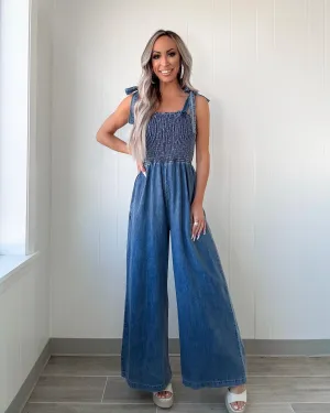 Belle Smocked Wide Leg Jumpsuit - Medium Wash