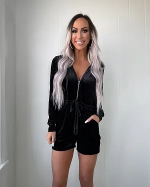 Catching Flights Velvet Hooded Romper - Black