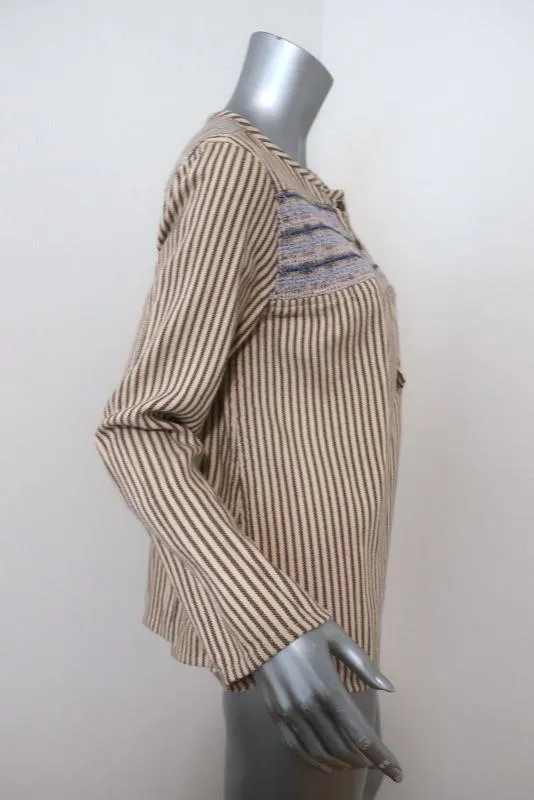 Current/Elliott Retreat Henley Top Jaune/Gris Brodé Rayé Coton Taille 1