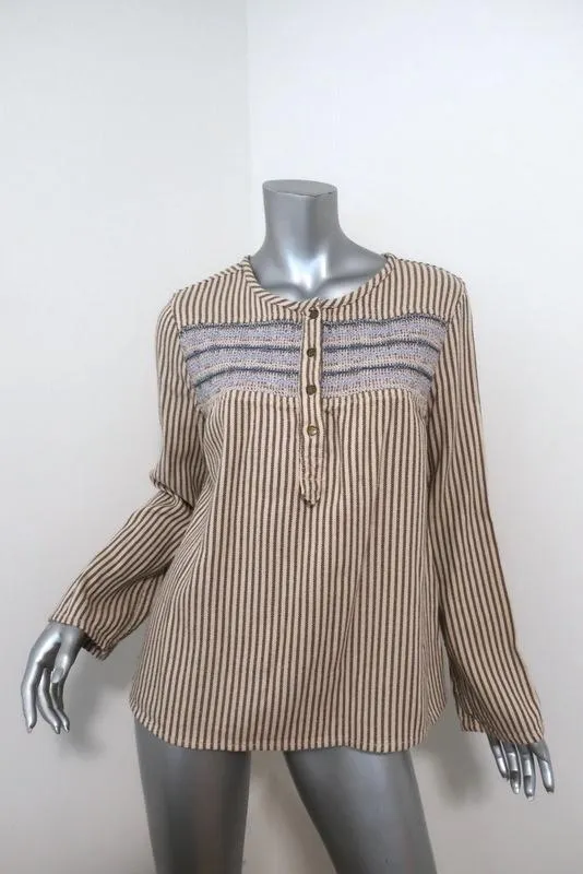 Current/Elliott Retreat Henley Top Jaune/Gris Brodé Rayé Coton Taille 1