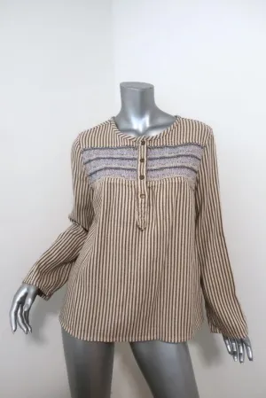 Current/Elliott Retreat Henley Top Yellow/Gray Embroidered Striped Cotton Size 1